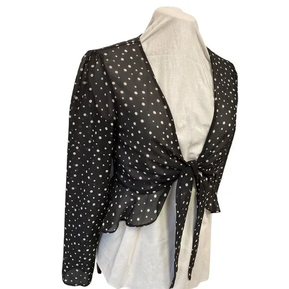 NWT-Urbsn Outfitters Polka Dot Sheer Black Long Sleeve Tie-Front Blouse - Picture 2 of 5